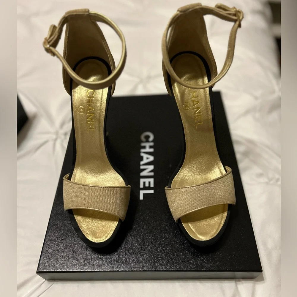 Chanel gold & black ankle strap heels -39 (US 8.5-9)